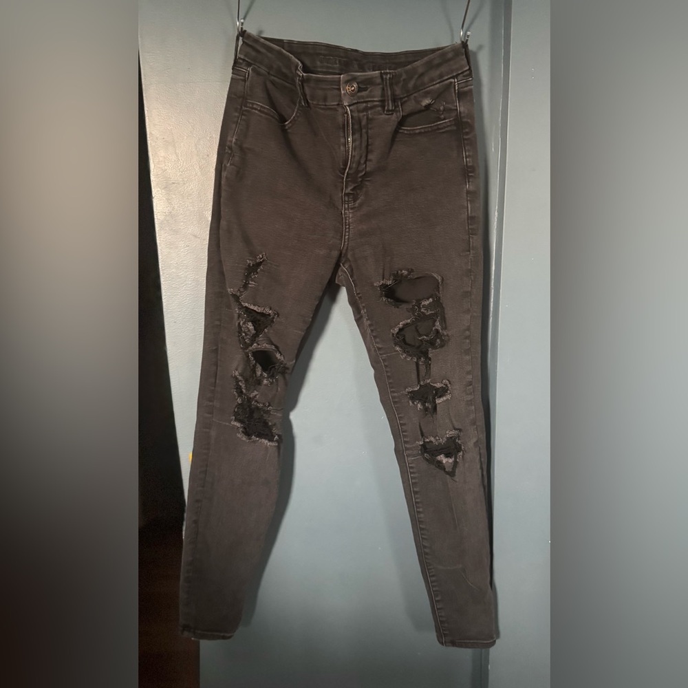 American Eagle Skinny Black Jeans Distressed Size 10